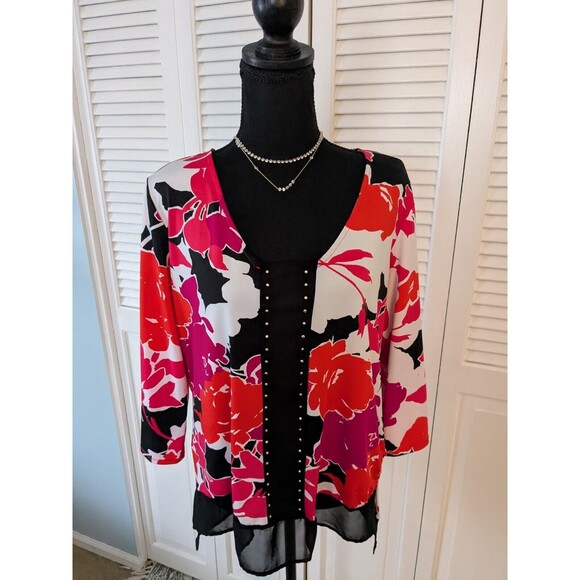 New York Collection Top Womens L Abstract Pink Black Floral Blouse Studded Artsy - Picture 1 of 12